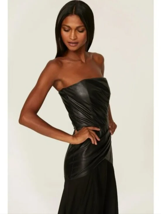 Shoshana Strapless Black Faux-Leather Bodice Asymmetric Midi Dress Sz 10 - Picture 4 of 12